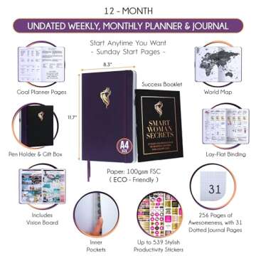 Hourly Planner - Undated Daily, Weekly & Monthly Planner with Budget Section | A 12 Month Journey to Increase Productivity & Happiness | Life Organizer & Gratitude Journal - Vertical Format