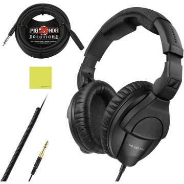 Sennheiser HD 280 PRO Over Ear Headphones Black Bundle with Pig Hog PHX14-25 1/4" Headphone Extension Cable and Instrument Polishing Cloth - Studio Monitor Headphones