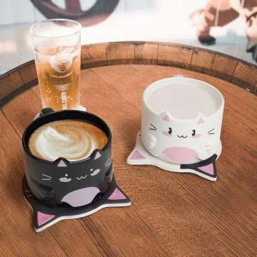 YOBRO Cat Mugs with Drink Coasters Set of 2, Stackable Ceramic Coffee Mug Sets for Best Friends, White and Black Cute Cat Mugs for Couples,Birthday Gift Set for Cat Lovers, 10oz