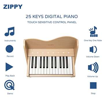 ZIPPY Kids Piano Keyboard, 25 Keys Digital Piano for Kids, Touch Sensitive Control Panel, Volume Adjustable, Mini Music Educational Instrument Toy, Wood Piano for Toddlers Girls Boys (Oak)