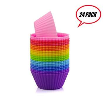 Baking Cups 24 Pack, Multi-color Reusable Silicone Cupcake Liners, Non-stick and Flexible Silicone Muffin Pans for Baking, Easy To Clean Silicone Cupcake Molds, 2.8 × 1.2 × 1.8 Inch (Mix-color)