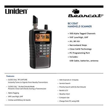 Uniden Bearcat BC125AT Handheld Scanner, 500-Alpha-Tagged Channels, Close Call Technology, PC Programable, Aviation, Marine, Railroad, NASCAR, Racing, and Non-Digital Police/Fire/Public Safety.