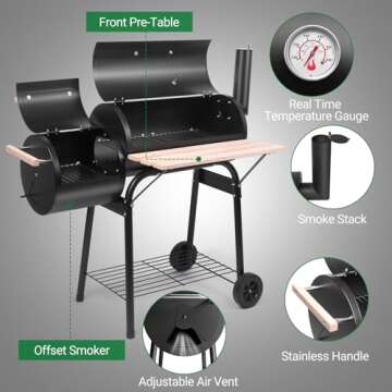 Outvita Charcoal Grill and Offset Smoker, Outdoor Patio Barbecue Cooker with Wheels, Portable Backyard BBQ Oven with Side Fire Box for Camping, Picnic, Party