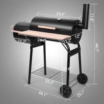 Outvita Charcoal Grill and Offset Smoker, Outdoor Patio Barbecue Cooker with Wheels, Portable Backyard BBQ Oven with Side Fire Box for Camping, Picnic, Party