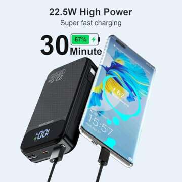 GOBOBIOK Power Bank 22.5W 27000mAh Portable Charger PD 3.0 & QC 3.0 Fast Charging Travel PowerBank with 2 Built in Cables LCD Display Phone Battery Pack for Smartphone Tablet etc