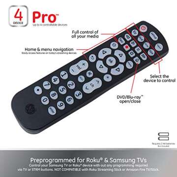 GE Universal Remote Control for Samsung, Vizio, LG, Sony, Sharp, Roku, Apple TV, TCL, Smart TV, Streaming Media Player, Blu-Ray Player, DVD Player, Easy Programming, 4-Device, Black, 40081