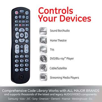 GE Universal Remote Control for Samsung, Vizio, LG, Sony, Sharp, Roku, Apple TV, TCL, Smart TV, Streaming Media Player, Blu-Ray Player, DVD Player, Easy Programming, 4-Device, Black, 40081