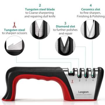 Longzon 4-in-1 Knife Sharpener [4 Stage] with a Pair of Cut-Resistant Glove, Original Premium Polish Blades, Best Kitchen Knife Sharpener Really Works for Ceramic and Steel Knives, Scissors.