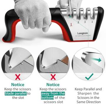 Longzon 4-in-1 Knife Sharpener [4 Stage] with a Pair of Cut-Resistant Glove, Original Premium Polish Blades, Best Kitchen Knife Sharpener Really Works for Ceramic and Steel Knives, Scissors.