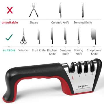 Longzon 4-in-1 Knife Sharpener [4 Stage] with a Pair of Cut-Resistant Glove, Original Premium Polish Blades, Best Kitchen Knife Sharpener Really Works for Ceramic and Steel Knives, Scissors.