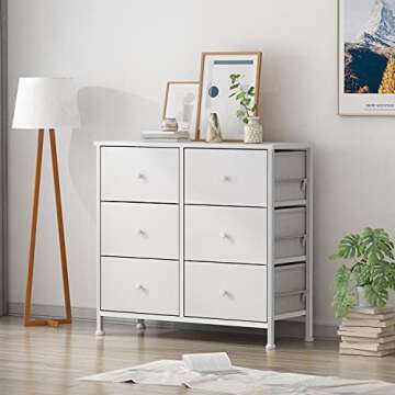 BOLUO White Dresser for Bedroom 6 Drawer Organizers Fabric Storage Chest Tower Small Dressers Unit for Closet Nursery Hallway Office, Kids and Adult Modern