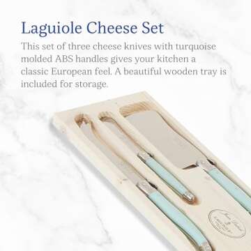 Jean Dubost Laguiole 3-Piece Cheese Knife Set, Turquoise Handles - Rust-Resistant Stainless Steel - Includes Wooden Tray - Made in France