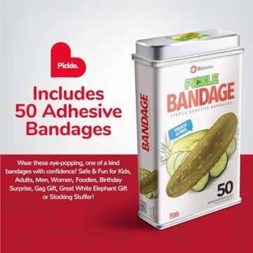 BioSwiss Bandages, Pickle Shaped Self Adhesive Bandages, Latex Free Sterile Wound Care, Fun First Aid Kit Supplies for Kids, 50 Count