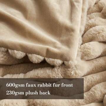 Amélie Home Faux Fur Throw Blanket for Couch, Rabbit Fur Warm Luxurious Soft Striped Cozy Fluffy Plush Gift Blankets for Family Sofa Chair Bed Living Room,Beige,55 x 70 inch