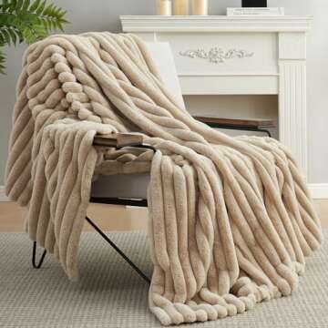 Amélie Home Faux Fur Throw Blanket for Couch, Rabbit Fur Warm Luxurious Soft Striped Cozy Fluffy Plush Gift Blankets for Family Sofa Chair Bed Living Room,Beige,55 x 70 inch