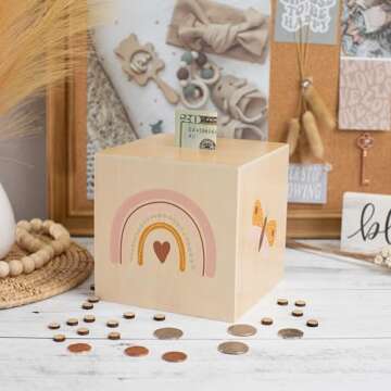 Wooden Piggy Bank for Kids - Beautifully Crafted Coin Bank Encourages to Start Saving Money Early - A Great Gift for Girls and Boys That Brightens Up Every Kids Bedroom