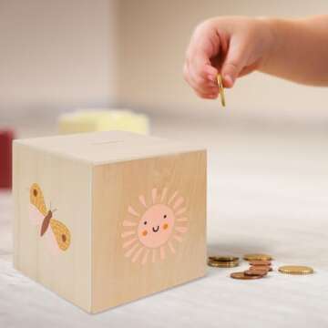 Wooden Piggy Bank for Kids - Beautifully Crafted Coin Bank Encourages to Start Saving Money Early - A Great Gift for Girls and Boys That Brightens Up Every Kids Bedroom