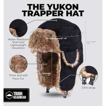 Tough Headwear Winter Trapper Hat - Mens Hats and Caps - Russian Ushanka Army Hat - Waterproof Winter Fur Cap with Ears - Earflap Hats for Men & Women - Ear Flaps Snow Eskimo Hat