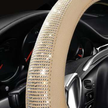 CAR PASS Bling Diamond Beige Leather Steering Wheel Cover, White Sparkly Crystal Glitter Rhinestones Universal Fit 14" 1/2-15" Car Wheel Protector for Women Girl Fit Suvs,Vans,Sedans,Trucks, Beige