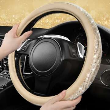 CAR PASS Bling Diamond Beige Leather Steering Wheel Cover, White Sparkly Crystal Glitter Rhinestones Universal Fit 14" 1/2-15" Car Wheel Protector for Women Girl Fit Suvs,Vans,Sedans,Trucks, Beige