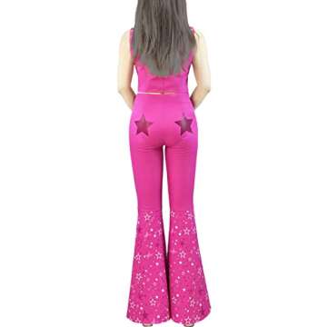 Naywig Cowgirl Outfit 70s 80s Hippie Disco Costume Pink Flare Pant Halloween Cosplay For Women Girls-X-Large