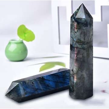 FZBHRO Large Labradorite Towers Crystal Point Obelisk 6 Faceted Healing Crystal Stone Wand for Meditation Gift 1.3-1.7 Pound