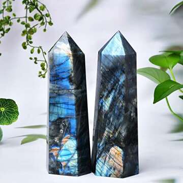 FZBHRO Large Labradorite Towers Crystal Point Obelisk 6 Faceted Healing Crystal Stone Wand for Meditation Gift 1.3-1.7 Pound