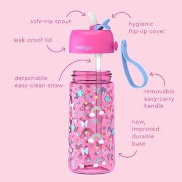 Bentgo Kids Water Bottle - Leak-Proof, Durable Tritan, BPA-Free 15 oz. Cup for Kids/Toddlers Ages 3+ - Flip-Up Straw & Dishwasher Safe for School, Sports, Daycare & Camp (Rainbows & Butterflies)