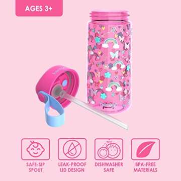 Bentgo Kids Water Bottle - Leak-Proof, Durable Tritan, BPA-Free 15 oz. Cup for Kids/Toddlers Ages 3+ - Flip-Up Straw & Dishwasher Safe for School, Sports, Daycare & Camp (Rainbows & Butterflies)