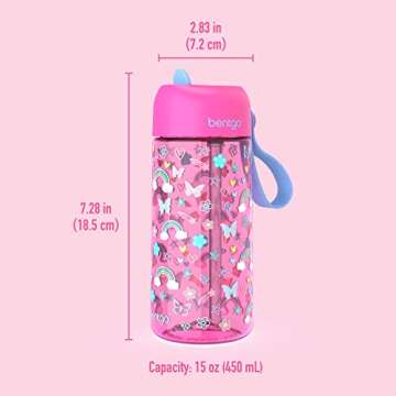 Bentgo Kids Water Bottle - Leak-Proof, Durable Tritan, BPA-Free 15 oz. Cup for Kids/Toddlers Ages 3+ - Flip-Up Straw & Dishwasher Safe for School, Sports, Daycare & Camp (Rainbows & Butterflies)