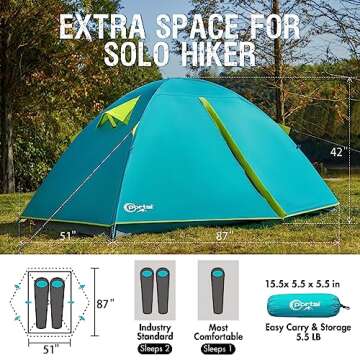 PORTAL 2 Person Backpacking Tent, 3 Season Ultralight Hiking Tent, Lightweight Waterproof Camping Tent with Two Wide Door, Extra Space Mountaineering Tent for Hiker, Outdoor, Travel