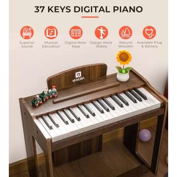 Vangoa Kids Piano Keyboard, 37 Keys Digital Piano for Kids, Music Educational Instrument Toy, Wood Piano for Girls and Boys, Dark Brown