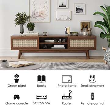 Soohow Mid Century Modern Wood Bedroom, 65" Farmhouse Coffee Entertainment Center Living Room Rattan Table, TV Stand with Storage Media Console, Brown, Walnut