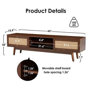 Soohow Mid Century Modern Wood Bedroom, 65" Farmhouse Coffee Entertainment Center Living Room Rattan Table, TV Stand with Storage Media Console, Brown, Walnut