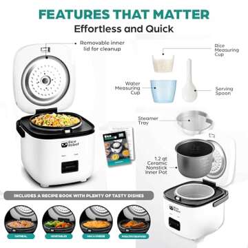 Rice Robot Personal Rice Cooker, PFAS-free, Nonstick. 1.2 Quart Capacity, with Stainless Steel Steamer Tray, Measuring Cups, Recipe Book with 60 Recipes, and Serving Spoon, As Seen On TV