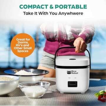 Rice Robot Personal Rice Cooker, PFAS-free, Nonstick. 1.2 Quart Capacity, with Stainless Steel Steamer Tray, Measuring Cups, Recipe Book with 60 Recipes, and Serving Spoon, As Seen On TV