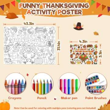 ZMLM Fall Thanksgiving Party Favors Coloring Tablecloth Poster for Kids, Turkey Themed Banner Table Cloth Decorations, Thanksgiving Art and Crafts for Kids Party Games Activity Gifts-43. 3X 31.4 in