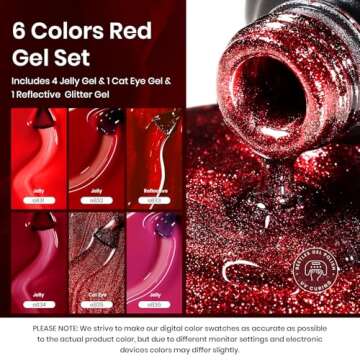 Beetles Red Gel Nail Polish Set, 6 Colors Cat Eye Glitter Burgundy Red Dark Bright Red Jelly Nail Polish Red Revival Set with Magnet, Soak Off LED Nail DIY Salon at Home Valentines Gifts for Women