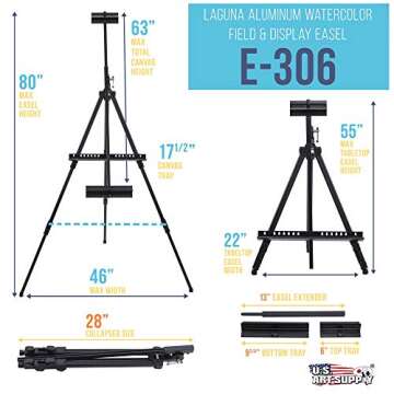 U.S. Art Supply 80" High Aluminum Artist Watercolor Field and Display Easel Stand - Adjustable Height Floor and Tabletop Tripod, Holds Painting Canvas Up To 63" Vertical, 40" Horizontal - Portable Bag