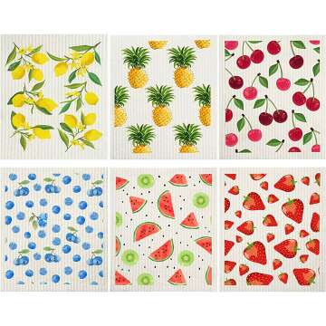 Mixed Fruit Swedish Kitchen Dishcloths Reusable Dish Towels Absorbent and Fast Dry Cleaning Cloths for Kitchen Blueberry Cherry Strawberry Lemon Pineapple Watermelon Cleaning Wipes (12 Pieces)