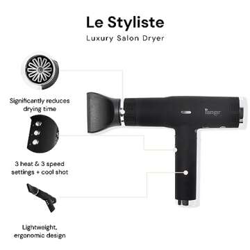 L'ANGE HAIR Le Styliste Luxury Hair Dryer | Quiet Brushless Blow Dryer with Diffuser | 1875 Watts for 4X Faster Drying | Hairdryer with 3 Heat & Speed Settings | Best Hair Dryers for Blowouts