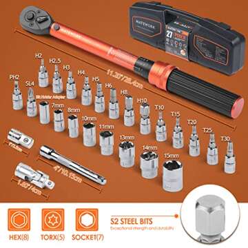 1/4 Inch Drive Click Torque Wrench, 27 PCS Bike Torque Wrench Set Double Scale (1-25Nm/8.9-221.3lb.in), 0.1Nm High Precision with Bit Sockets, 3/8 Adapter, Extension Bar, for Bicycle Maintenance