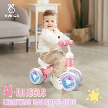 Vvinca Colorful Lighting Baby Balance Bike for 1 Year Old Boys Girls, 10-24 Months Toddler Balance Bike with No Pedal 4 Silence Wheels Children First Birthday Toys Gifts