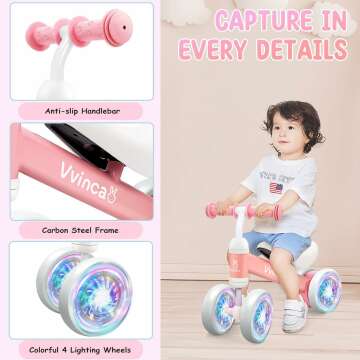 Vvinca Colorful Lighting Baby Balance Bike for 1 Year Old Boys Girls, 10-24 Months Toddler Balance Bike with No Pedal 4 Silence Wheels Children First Birthday Toys Gifts