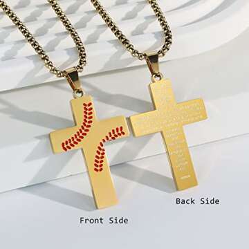 HattiDoris Baseball Cross Necklace for Men Inspirational Bible Verse Cross Pendant Stainless Steel Chain 22+2 inch Baseball Sports Jewelry Baseball Gift for Men Women(G-Our Father)