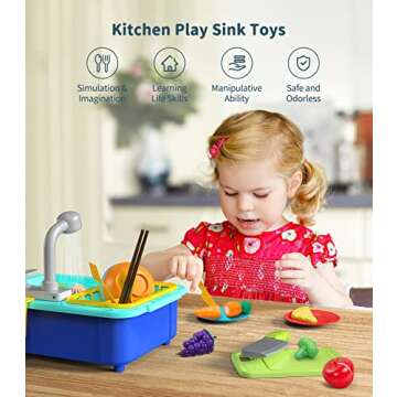 Geyiie Play Sink with Running Water - Kitchen Sink Toys for Kids and Toddlers with Upgraded Faucet, Cutting Food, Play Dishes, Pretend Role Play Kitchen Set, Ideal Sensory Gift for Girls Boys