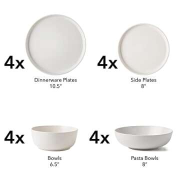 ARORA SKUGGA Round Stoneware 16pc Double Bowl Dinnerware Set for 4, Dinner and Side Plates, Cereal and Pasta Bowls - Matte White(466077)