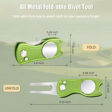 Mile High Life All Metal Foldable Golf Divot Tool with Pop-up Button & Magnetic Ball Marker, Golf Club Holder (Lime Green Fish)