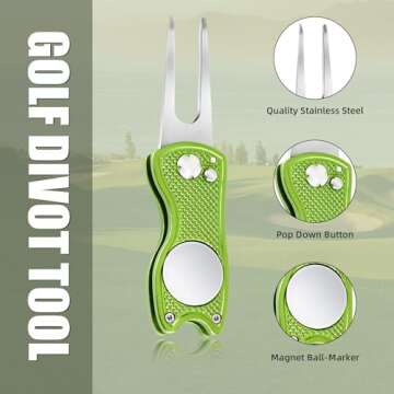 Mile High Life All Metal Foldable Golf Divot Tool with Pop-up Button & Magnetic Ball Marker, Golf Club Holder (Lime Green Fish)