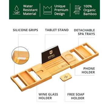 ROYAL CRAFT WOOD Premium Foldable Bathtub Tray - Wood Bath Tray for Tub, Bamboo Bathtub Shelf, Expandable Bath Table Tray, Luxury Bathtub & Bathroom Accessories for New Home & Unique Gift for Women